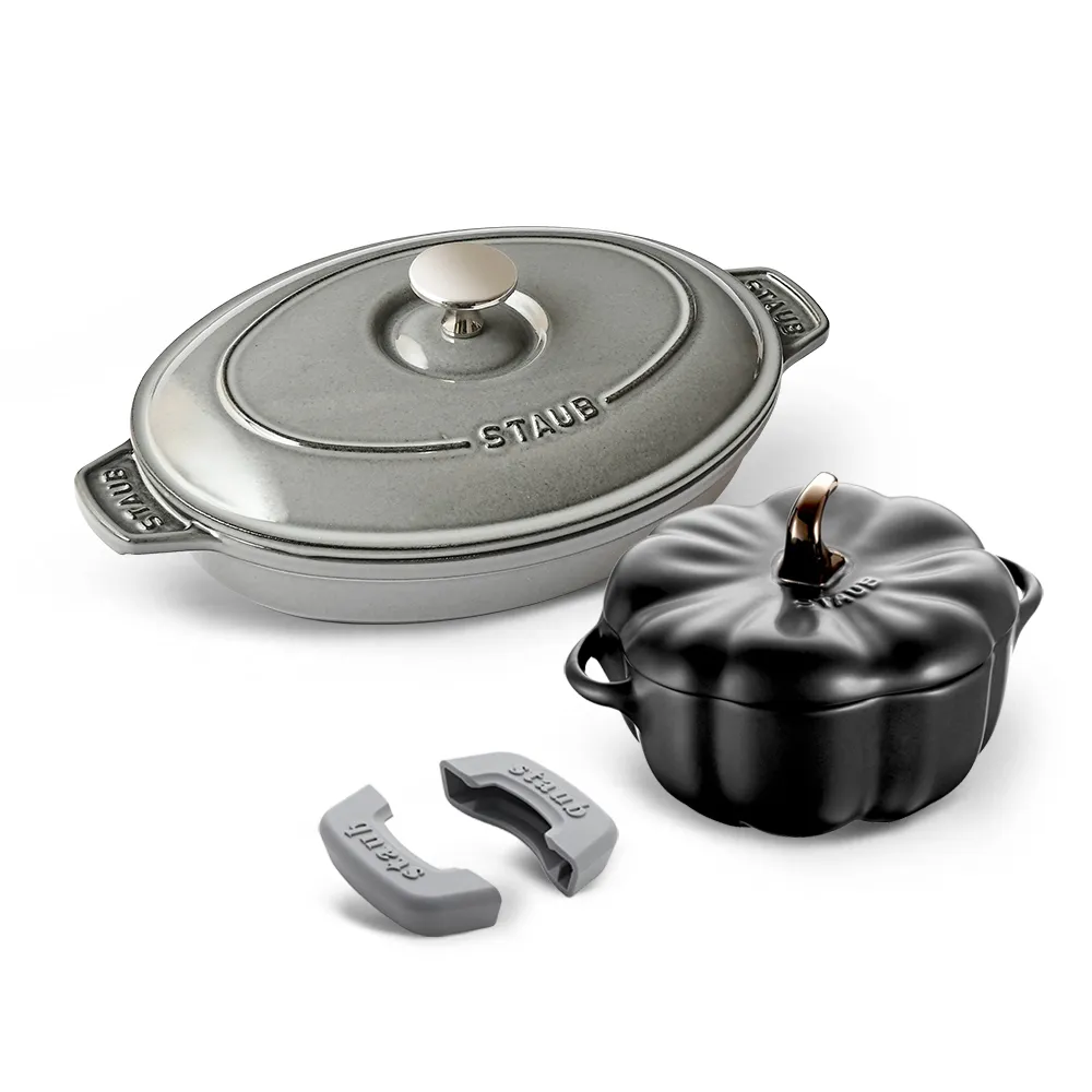 【STAUB】橢圓琺瑯鑄鐵鍋雙耳煎烤盤23cm+南瓜烤盅陶缽16cm+矽膠鍋把手(德國雙人牌集團官方直營)
