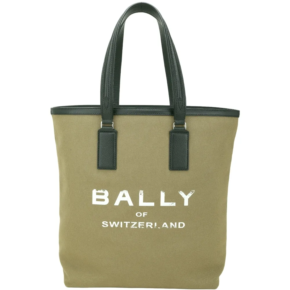 【BALLY】Arkle 字母帆布牛皮飾邊直立式手提 肩背托特包-橄欖綠