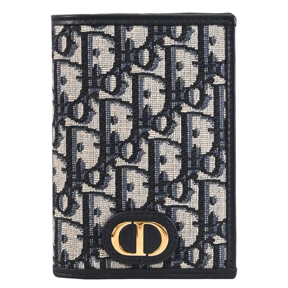【Dior 迪奧】30 Montaigne 金屬LOGO緹花布信用卡護照夾(深藍)