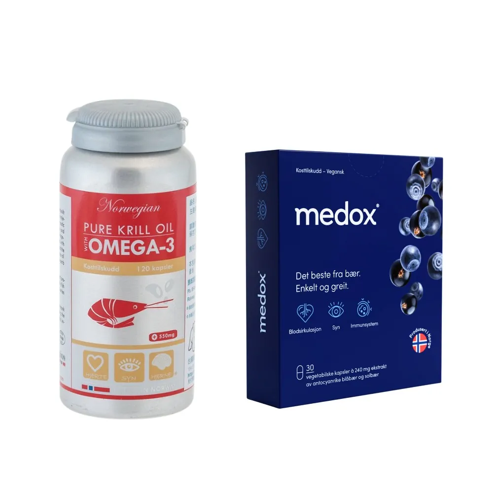 【Isbjorn 北極熊保健專家】南極磷蝦油添加魚油膠囊一瓶+Medox花青素膠囊一盒(保健禮盒120顆/瓶+30顆/盒)