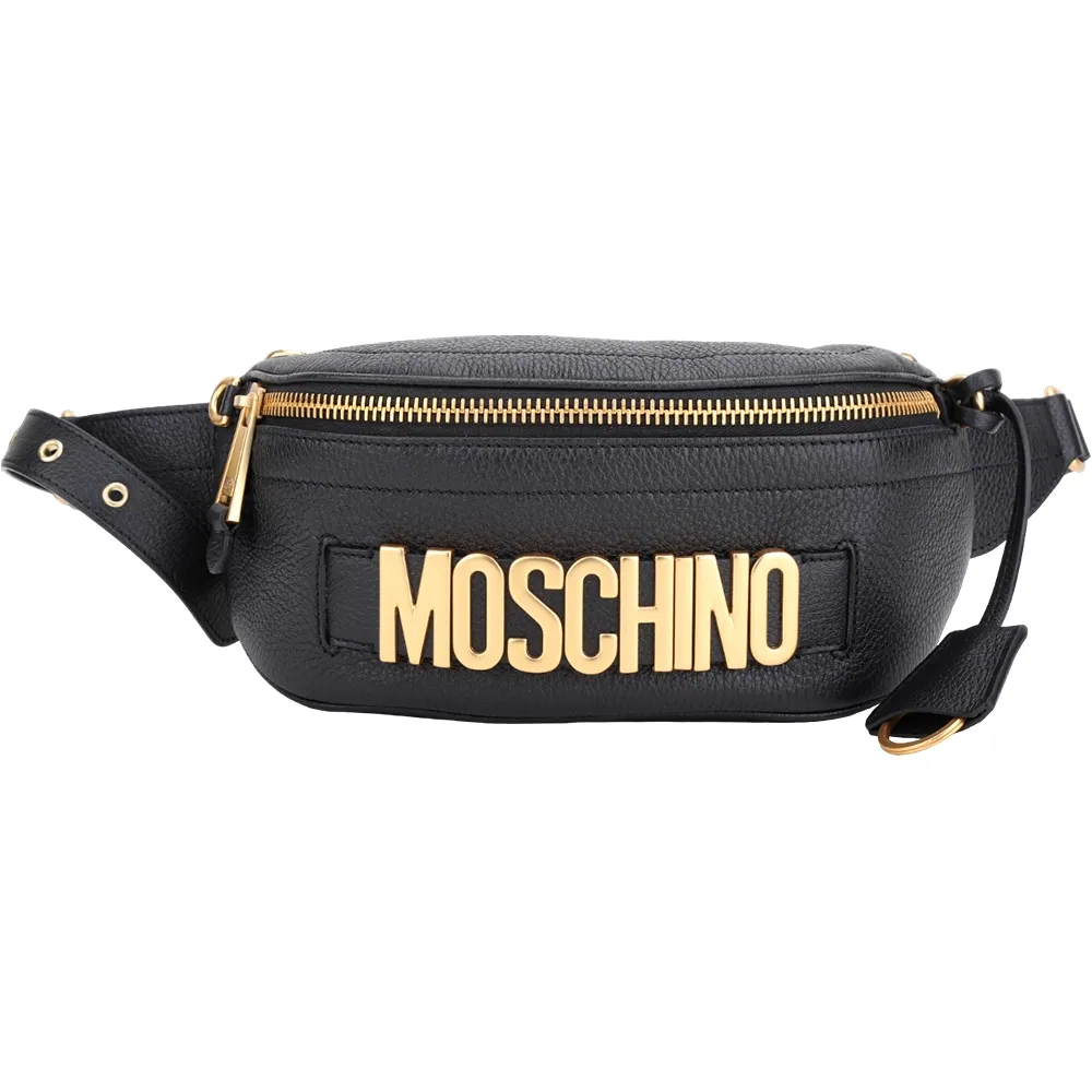 【MOSCHINO】金字荔紋牛皮胸肩背 腰包-附鑰匙圈(黑色 側背包 隨身小包 真皮)