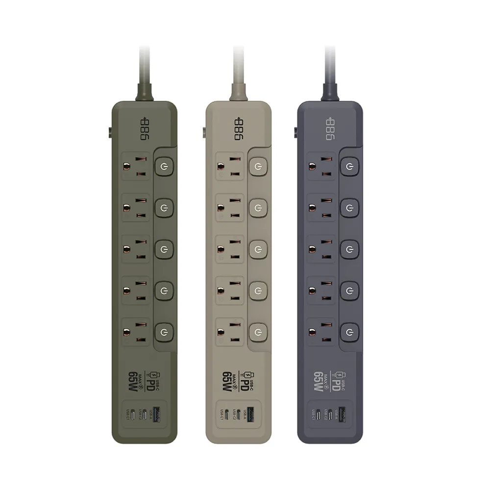 【+886】極野家 5開5插1USB+2Type C PD 65W 快充延長線1.8米 V2 HPS2556(3色可選)台灣製 手機快充