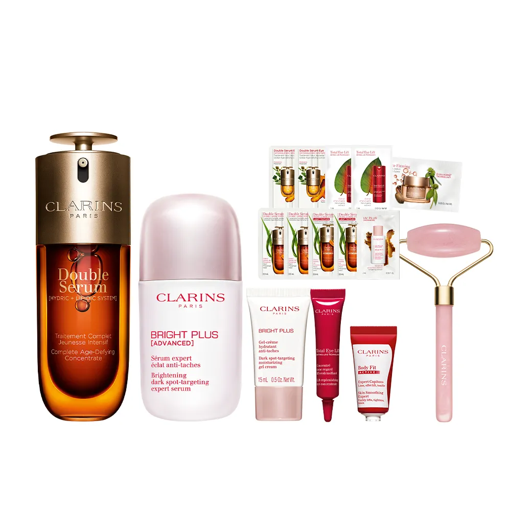 【CLARINS 克蘭詩】黃金雙萃精華50ml+氧氣亮白光感精華50ml(換季穩膚抗老精華液 X 全新美白精華)