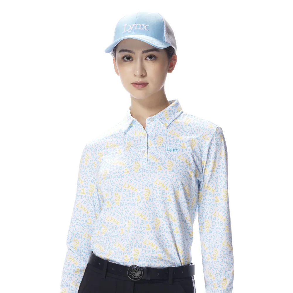 【Lynx Golf】女款吸濕排汗英文字母碎花風格長袖POLO衫/高爾夫球衫-水藍色