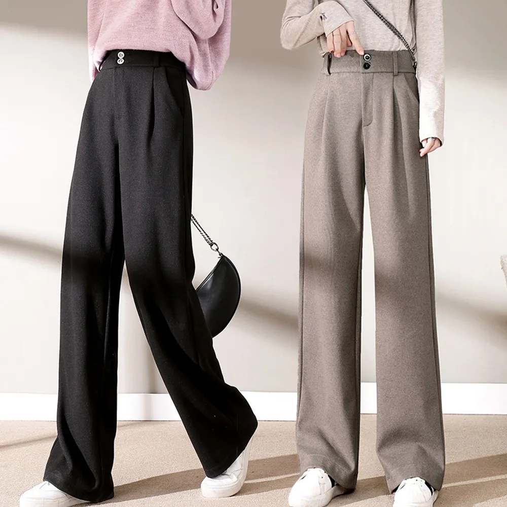 【NEW FORCE】加厚毛呢寬鬆顯瘦女休閒長褲(保暖長褲/休閒褲/直筒褲/寬褲/女下著)