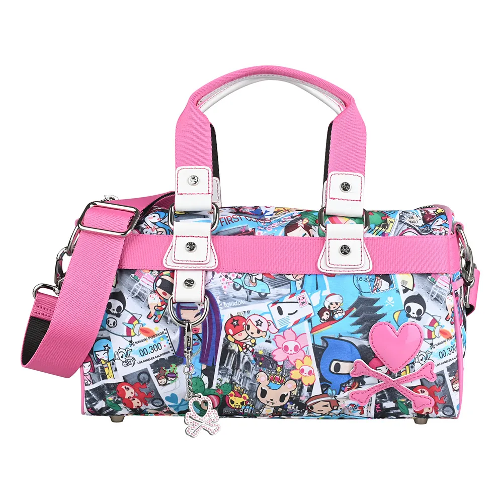 【TOKIDOKI】雙11 TOKIDOKI 日系卡通圖案尼龍拉鍊手提斜背波士頓包(彩x粉紅)