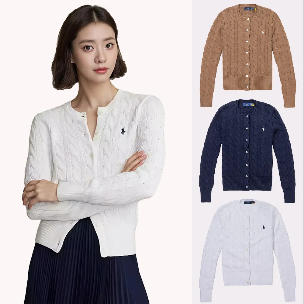 【RALPH LAUREN】RL POLO 經典圓領刺繡小馬麻花開襟外套-女-多色選(保暖舒適/平輸品)
