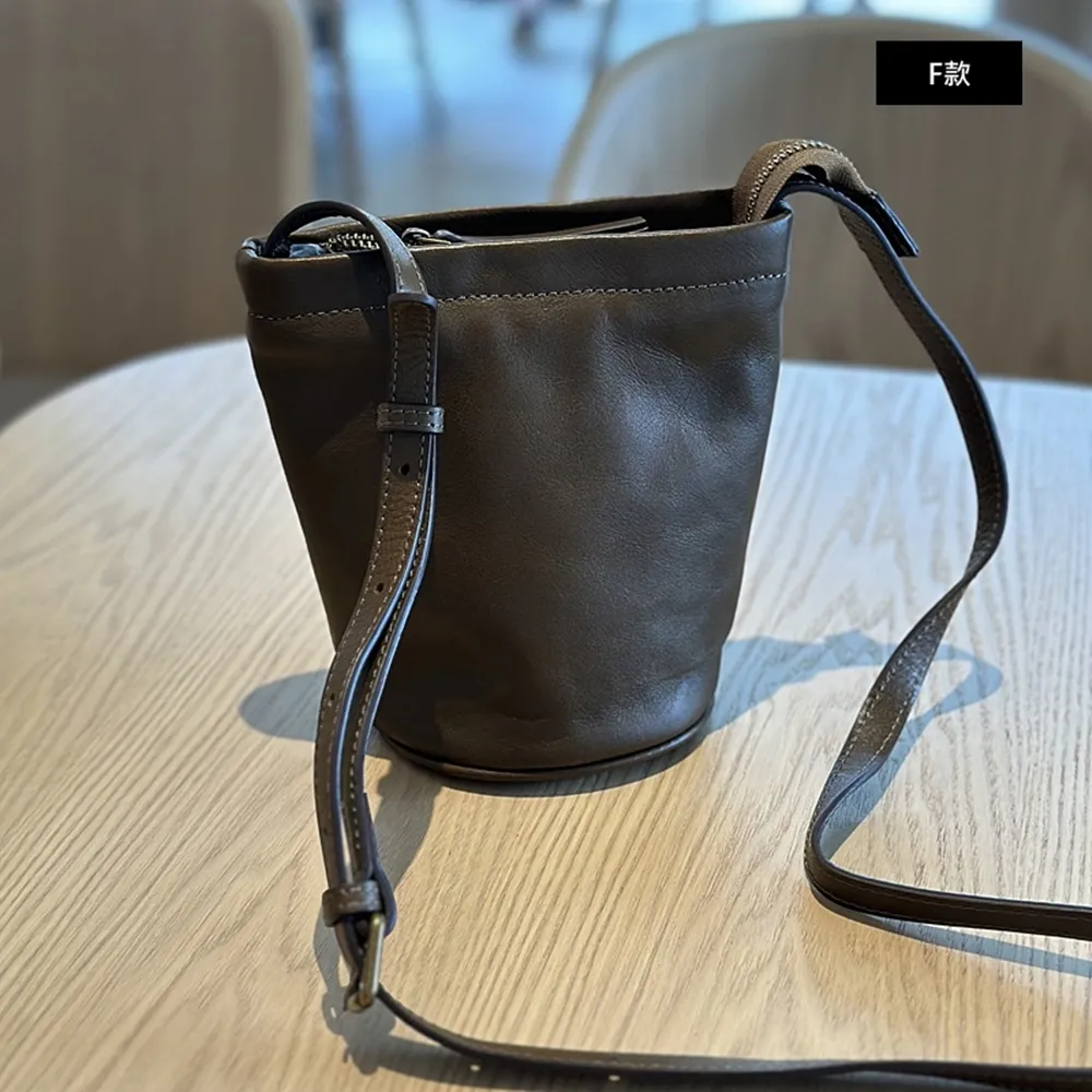 【巴黎精品】現貨+預購 真牛皮水桶包斜背包迷你包包真皮革肩背包(復古百搭側背女包包3款a1mk21 B)