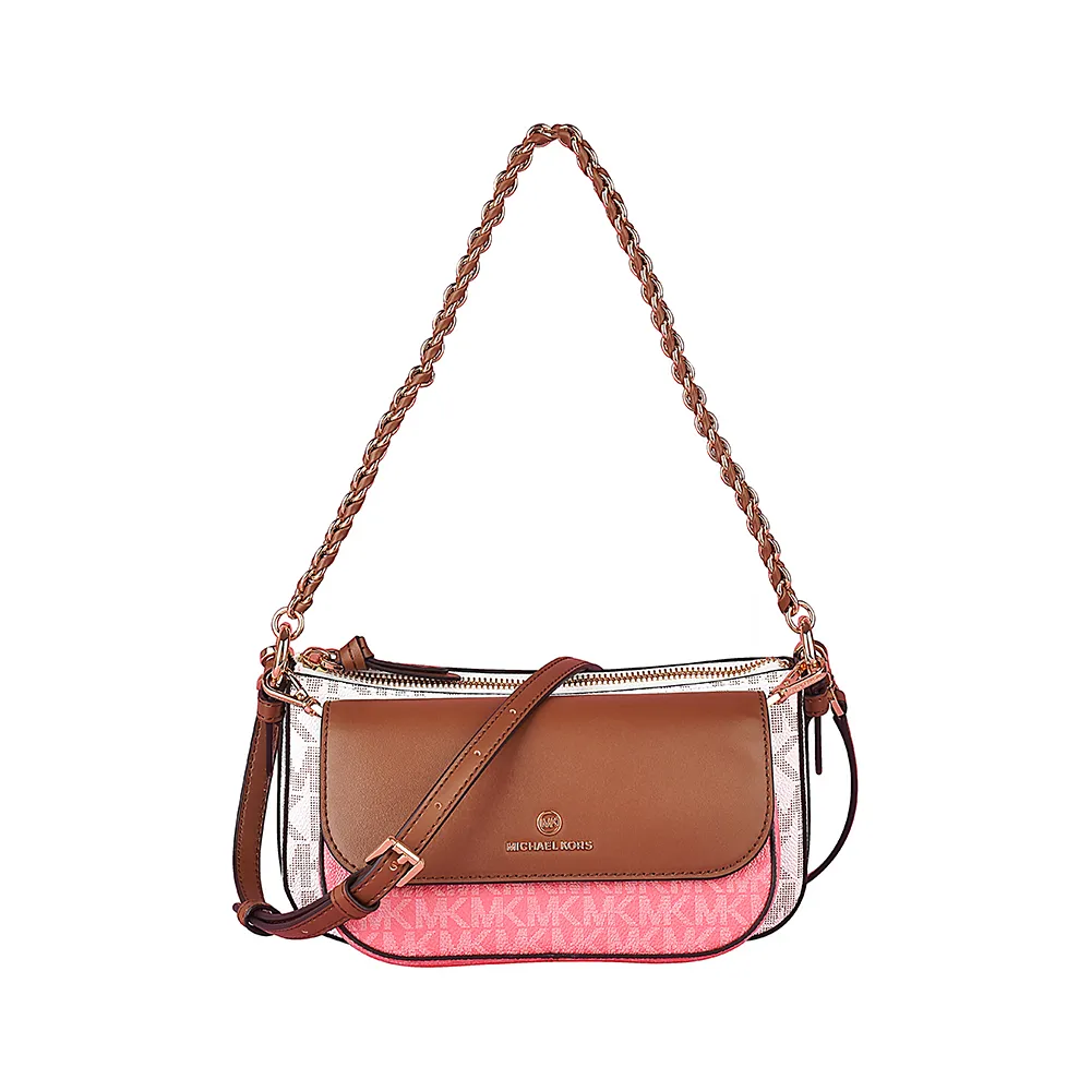 【Michael Kors】MK MICHAEL KORS JET SET金字LOGO拼色PVC滾邊牛皮4合1斜背子母包(茶玫瑰粉x多色)