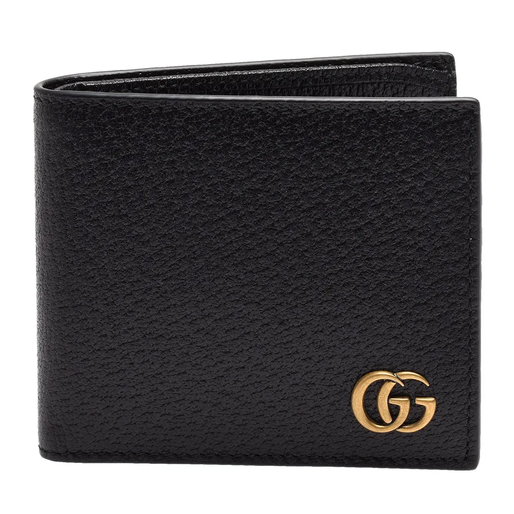 【GUCCI 古馳】經典GG Marmont系列金屬GG LOGO牛皮折疊短夾(黑-8卡428726-DJ20T-1000)