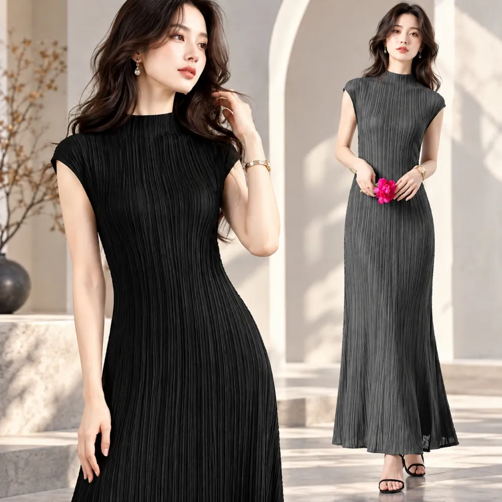 【巴黎精品】多款三宅風皺褶衣服洋裝(顯瘦半高領修身包肩長連身裙摺衣壓褶連身裙折衣女裙子4色k2ba31 B)
