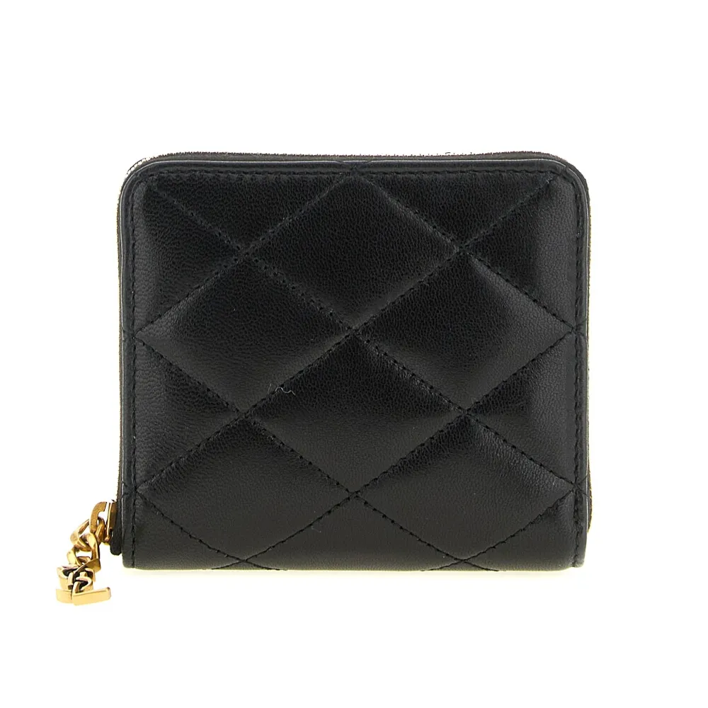 【YSL】SAINT LAURENT Cassandre Bijou 粒面小牛皮 拉鍊 皮夾 卡夾 零錢包 短夾 黑色 862522AAANG1000