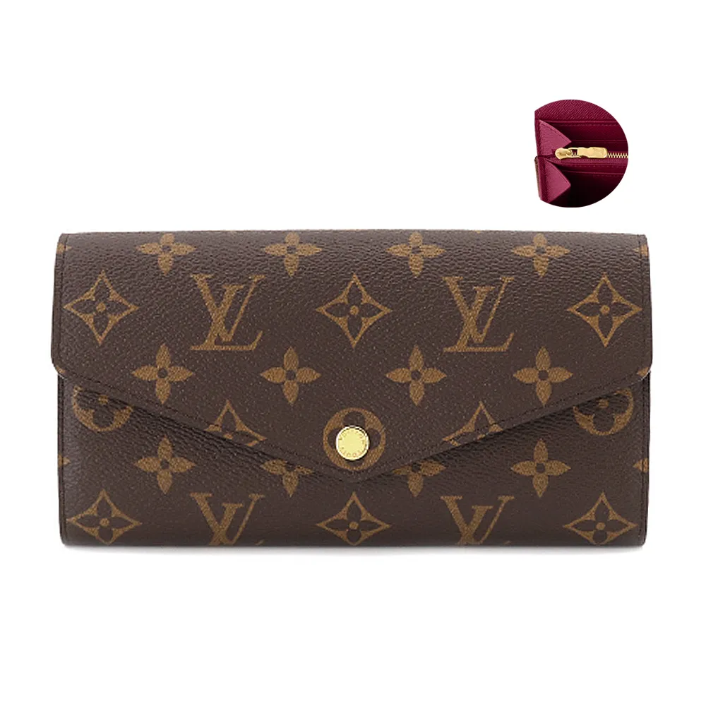 【Louis Vuitton 路易威登】M62234 經典Sarah系列Monogram帆布金釦信封式長夾(紫紅色)