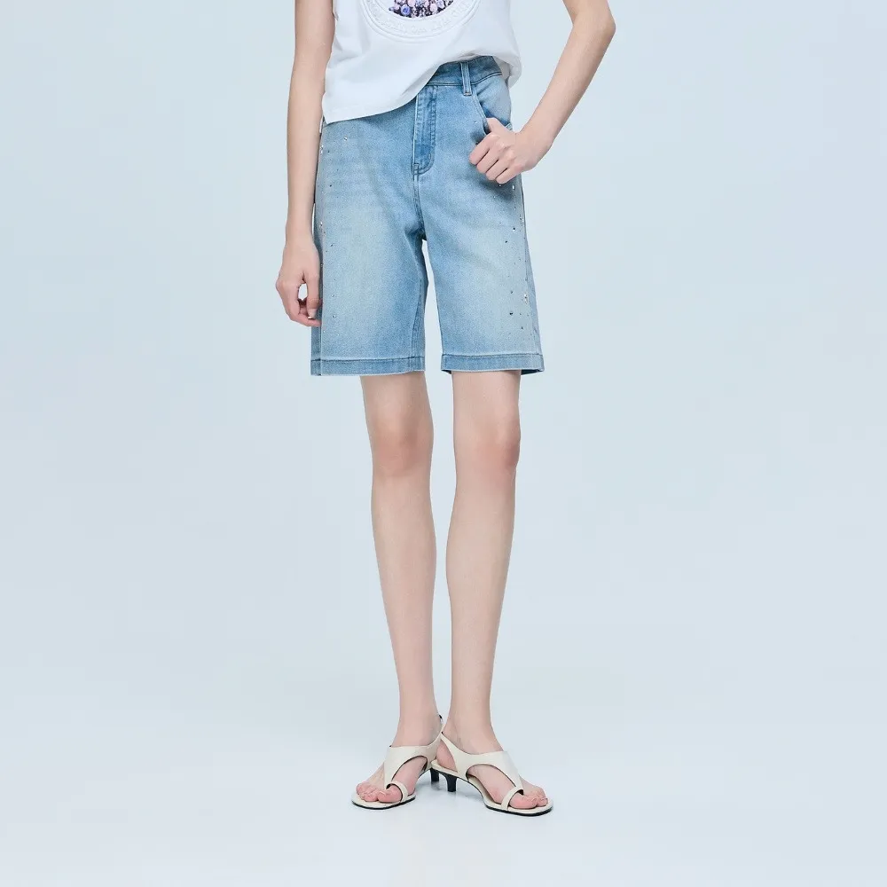 【ILEY 伊蕾】珠鑽中腰牛仔五分短褲(藍；M-XL；1262318510)