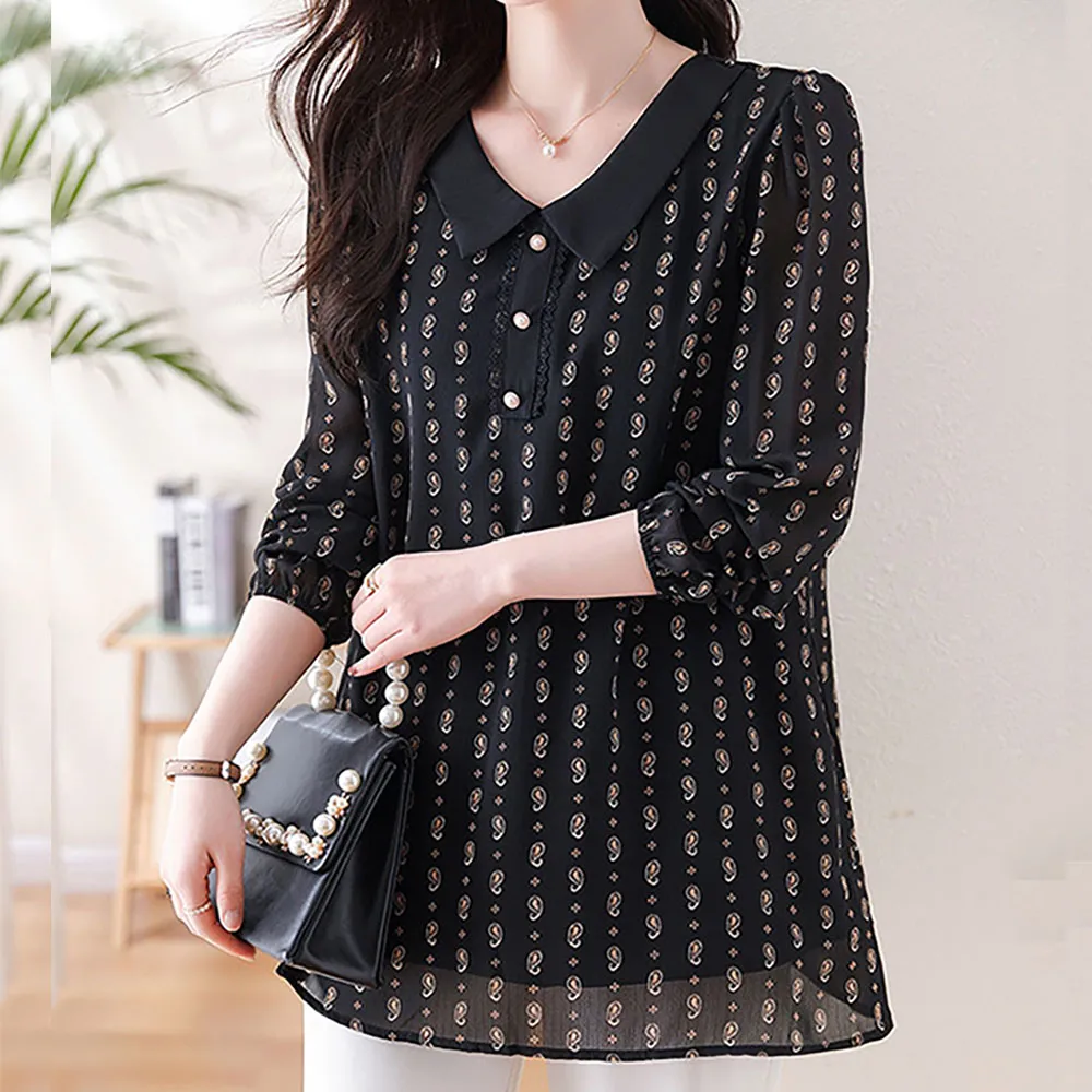 【麗質達人】8036黑色印花長袖上衣-AA(L-5XL)