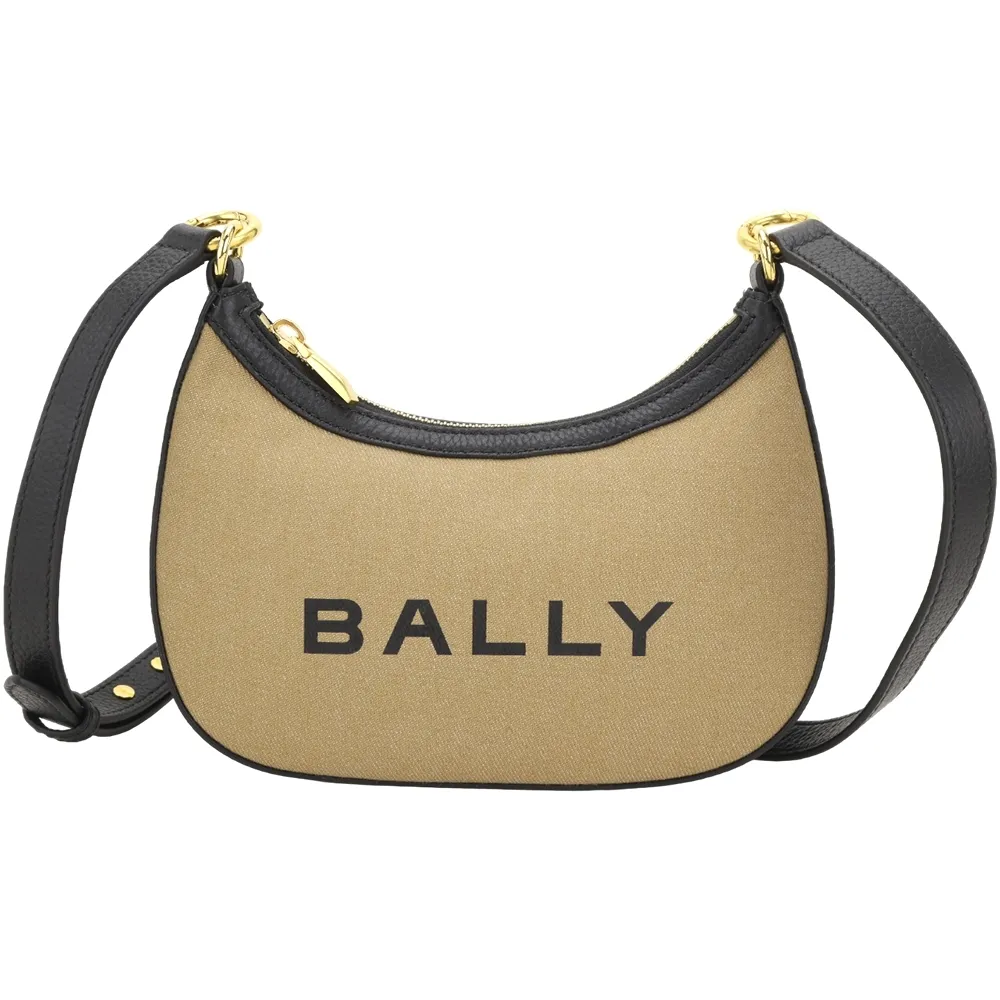 【BALLY】Bar Mini 帆布拼牛皮彎月肩 斜背半月包-棕色