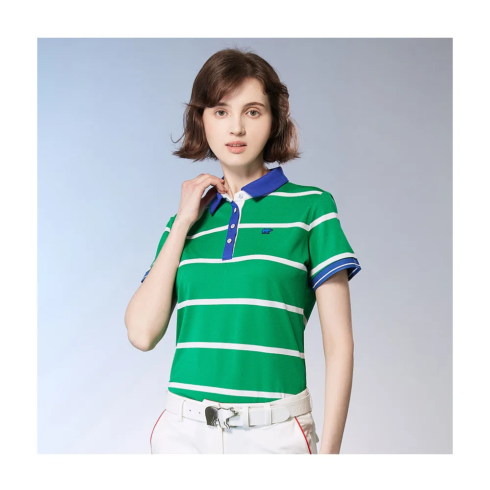 【Jack Nicklaus 金熊】GOLF女款吸濕排汗彈性條紋POLO衫/高爾夫球衫(綠色)