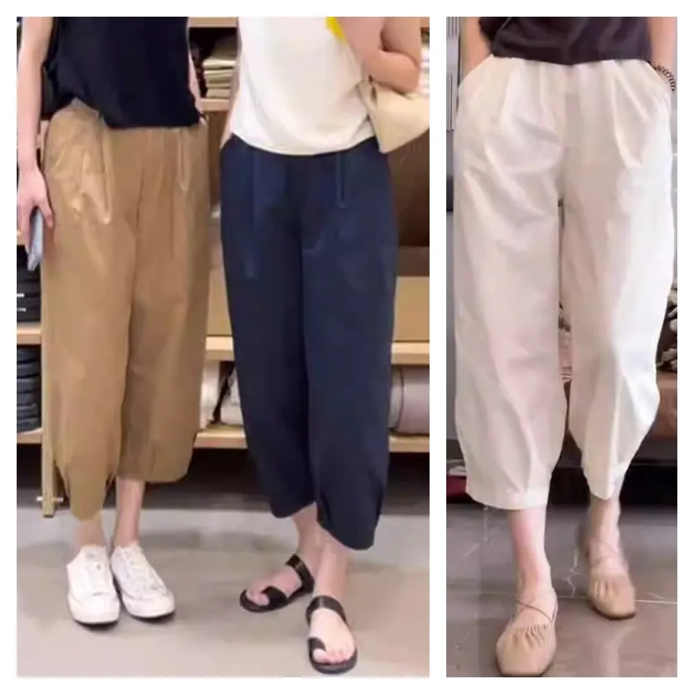 【ASister 小姊姊】現貨在庫★女裝｜休閒褲☆九分夏日高腰純棉口袋縮腳休閒褲(3色 S-2XL #AS0453)