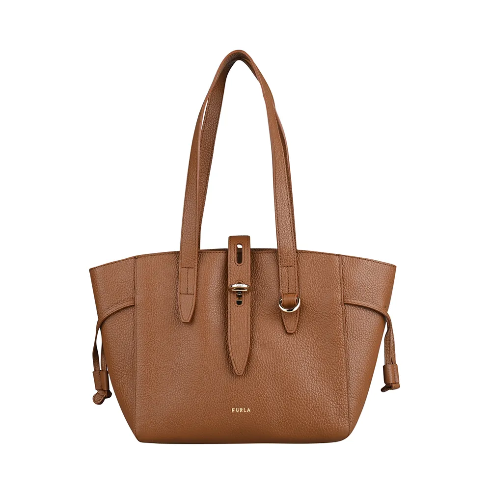 【FURLA 芙拉】FURLA NET燙字LOGO設計小牛皮搭絨布內襯拉鍊肩背托特包(小/白蘭地棕)