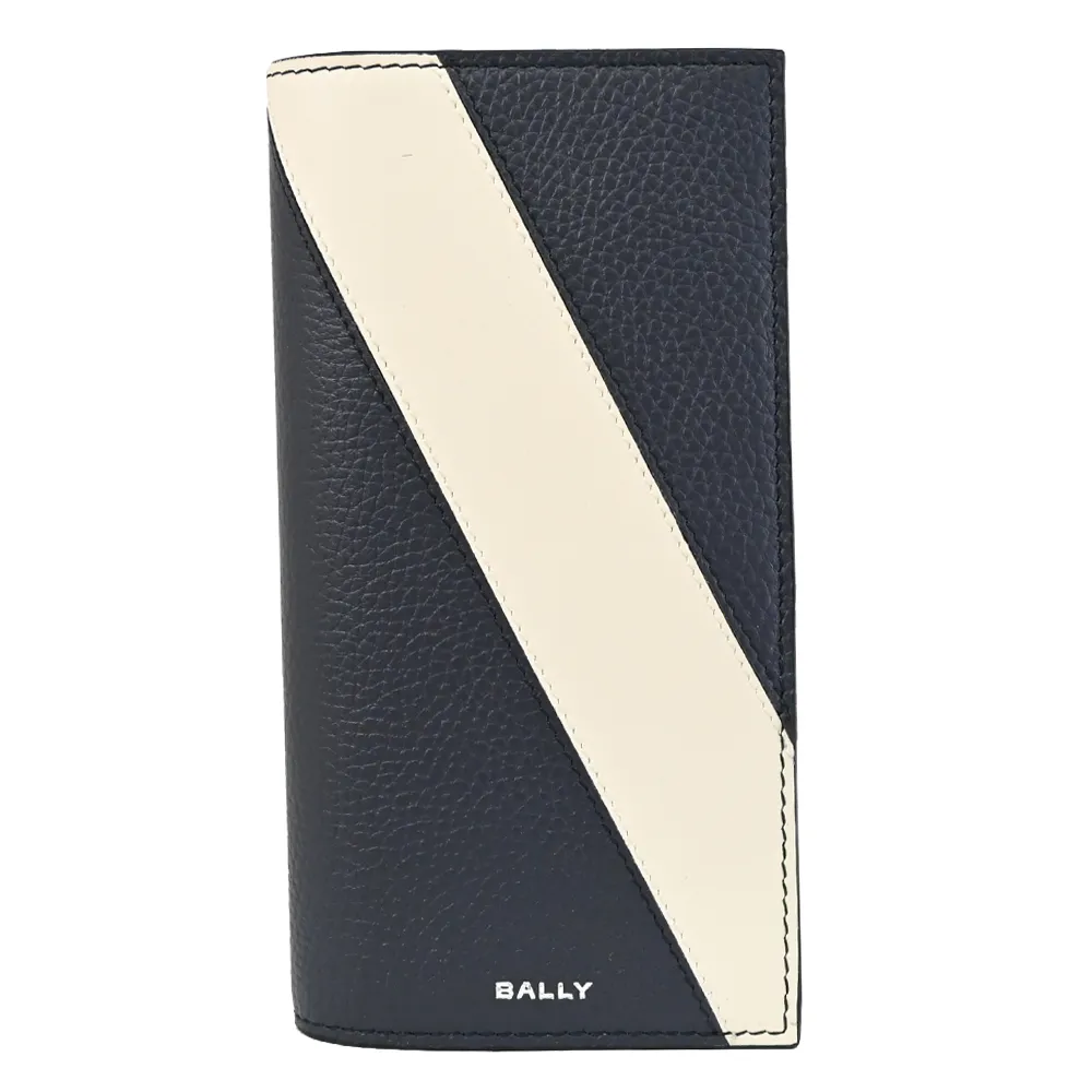【BALLY】LGO 經典LOGO斜紋小牛皮對折多功能零錢長夾(深藍)