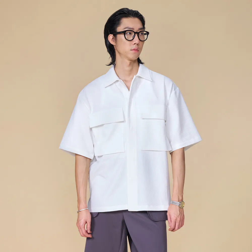 【ARVOpm】男女同款 坑條白色短袖襯衫00092505102(限時6折)