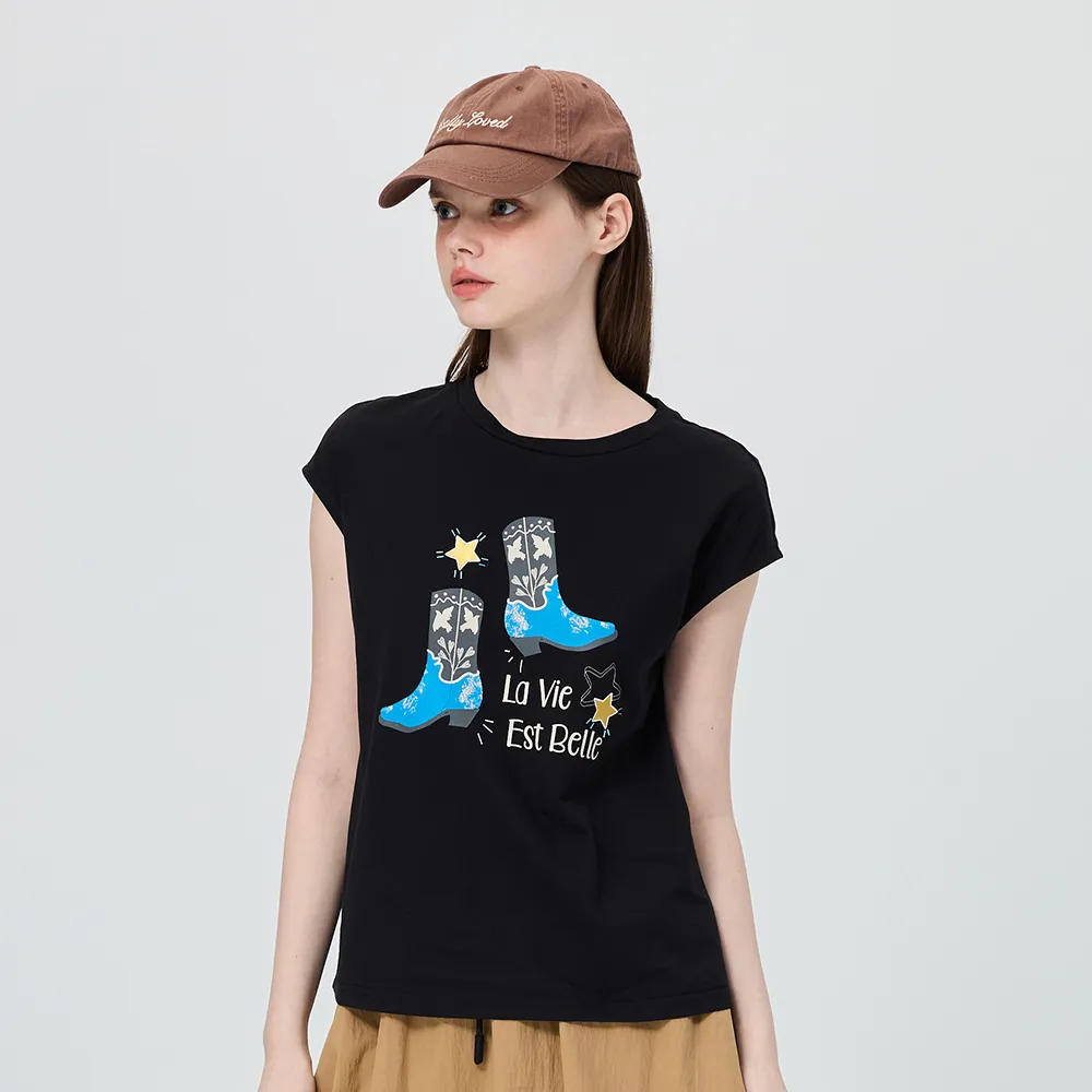 【OUWEY 歐薇】星星短靴圖案連肩袖純棉上衣(黑；S-L；3252163008)