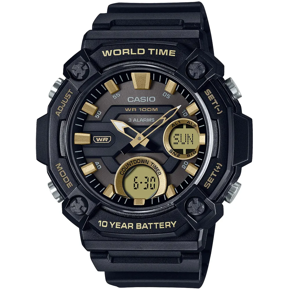 【CASIO 卡西歐】交換禮物  10年電力 冒險精神 計時雙顯錶-黑x金 開學禮 送禮 推薦(AEQ-120W-9AV)