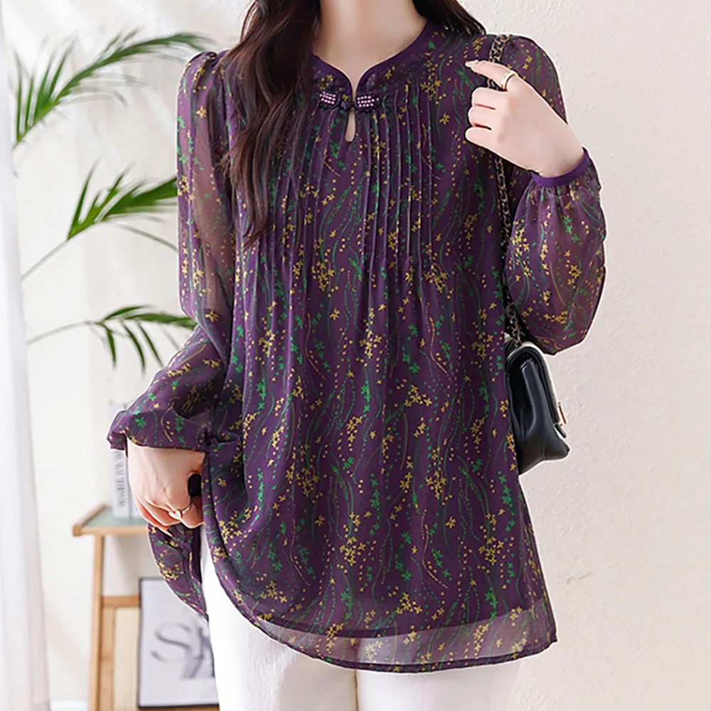 【麗質達人】8082紫色碎花長袖上衣-LY(L-5XL)