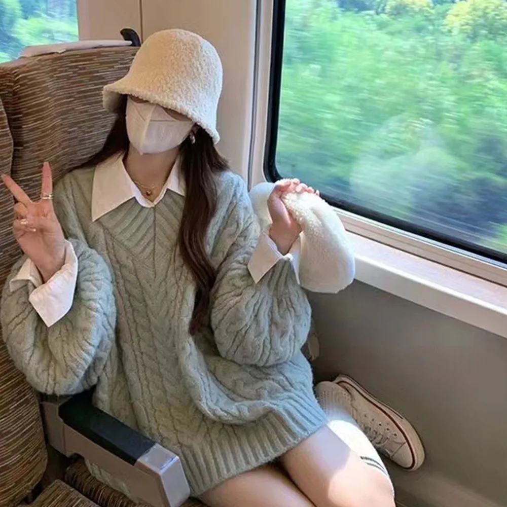 【D.studio】韓版顯瘦慵懶風V領長版毛衣(針織上衣毛衣長袖上衣女裝 衣服寬鬆上衣 顯瘦上衣 發熱衣 W396)