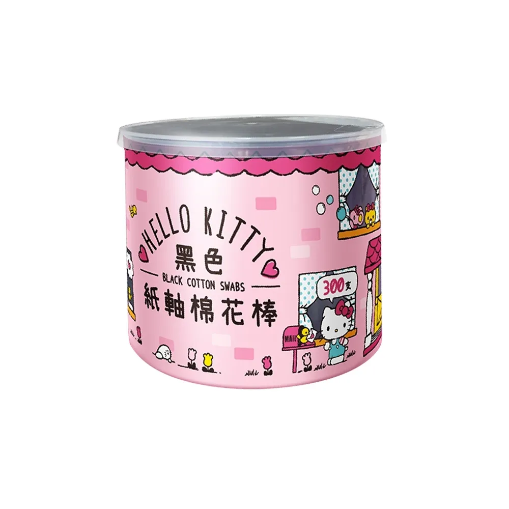 【SANRIO 三麗鷗】Hello Kitty 黑色紙軸棉花棒 300 支 X 6 盒 環保紙軸桿 柔韌不易折斷 觸感舒適