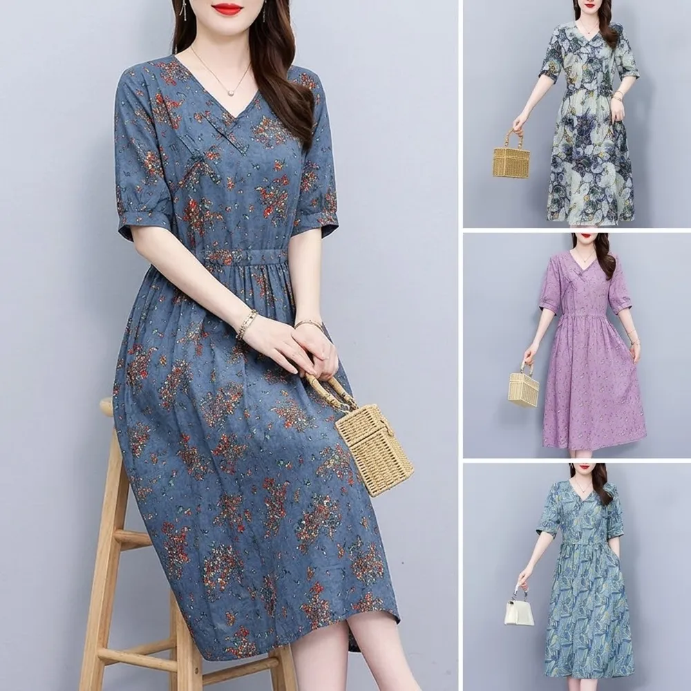 【巴黎精品】多款KC精品 連身洋裝印花連身裙長裙短袖A字裙子寬鬆顯瘦連衣裙大尺碼女裝(氣質印花裙k2bc48 A)
