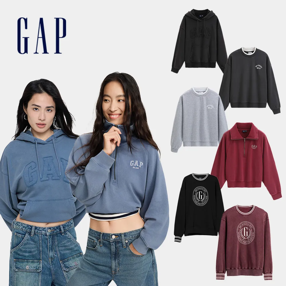 【GAP】女裝 Logo刺繡/印花假兩件圓領帽T/刷毛翻領大學T-多款任選(795440&795441&795458&817101)