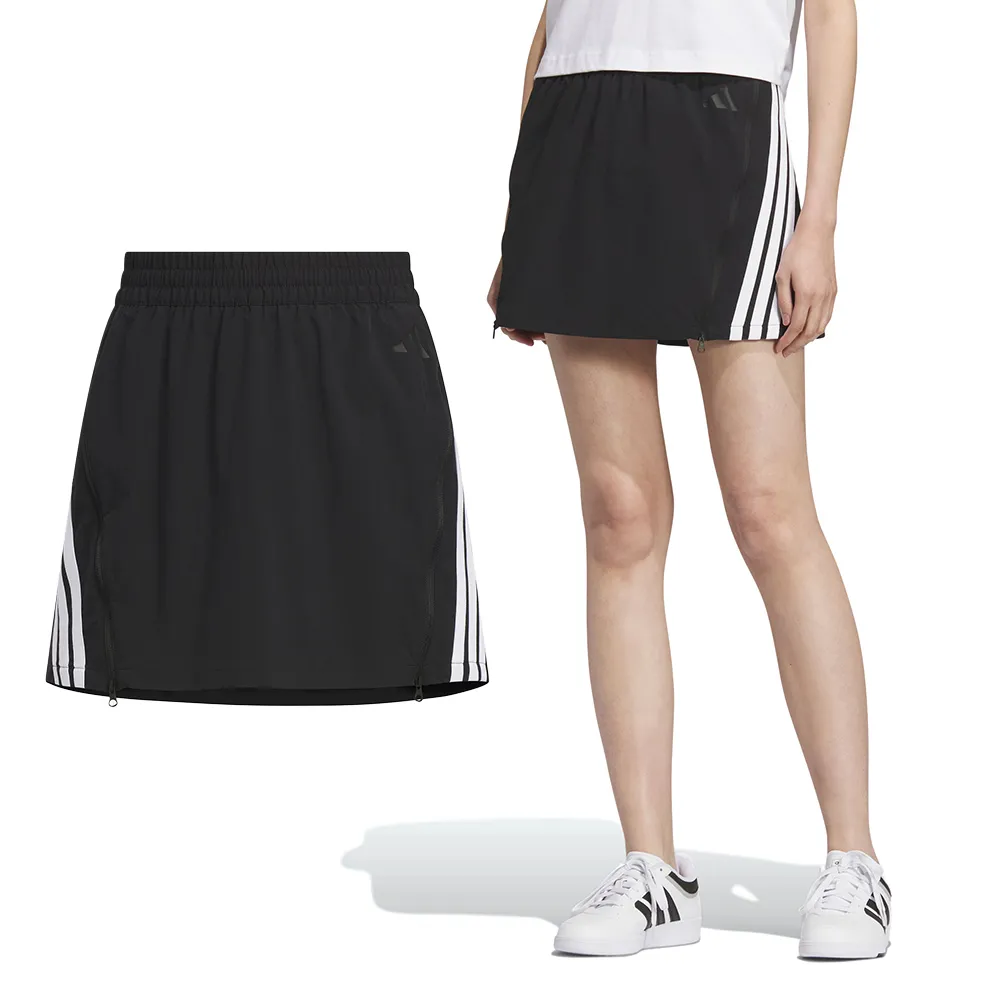 【adidas 愛迪達】S Skort 女款 黑色 拉鍊 輕量 彈性腰頭 內裡短褲 運動 休閒 褲裙 KB7603