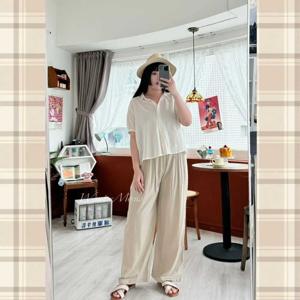 【Want-Meow】70公斤可穿/百搭顯瘦雪紡寬褲鬆緊褲頭寬褲長褲(大碼/大尺碼/加大碼/雪紡寬褲)