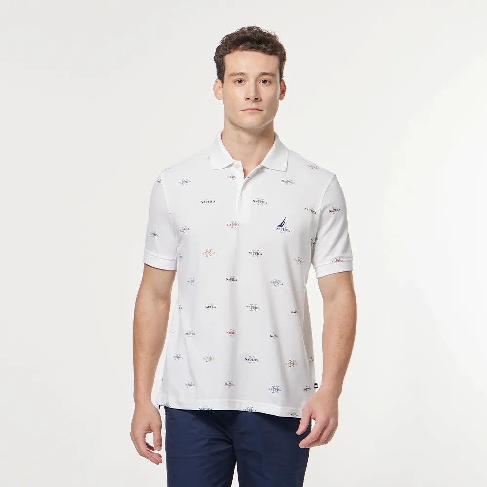 【NAUTICA】男裝 經典滿版品牌LOGO吸濕排汗短袖POLO衫(白色)