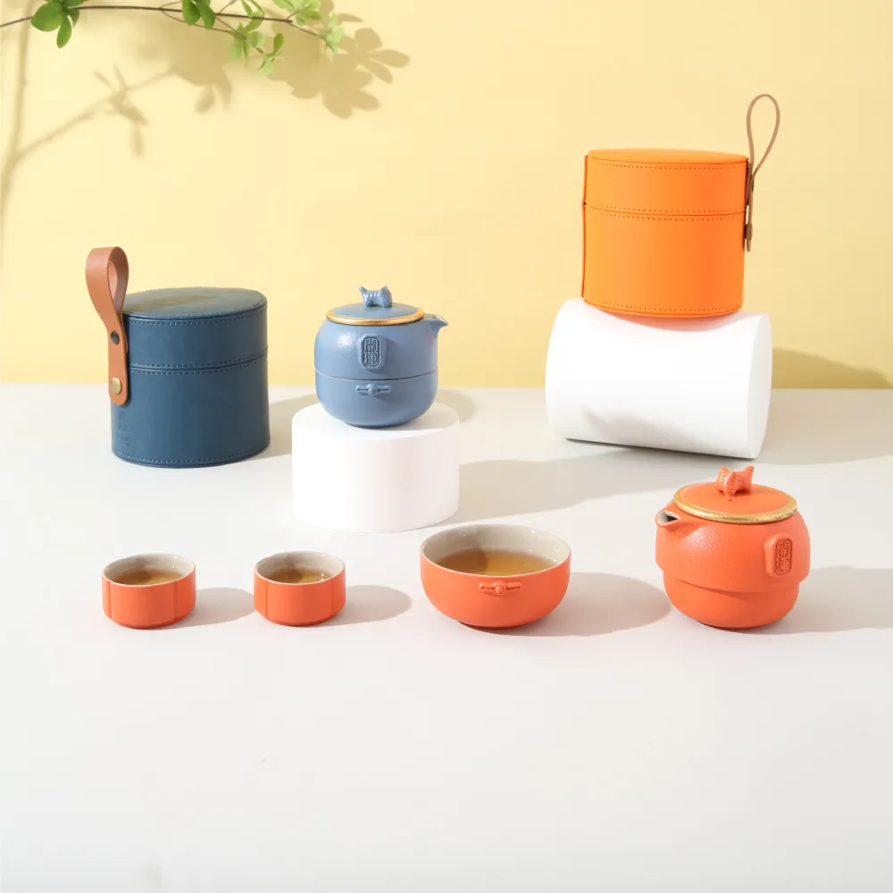 【LohasPottery 陸寶】開運吉福旅行組-經典藍/吉祥橙(一壺三杯 旅行茶具組 快客杯組 茶具 茶壺茶杯組)