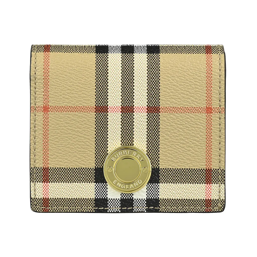 【BURBERRY 巴寶莉】BURBERRY 金釦刻印LOGO小牛皮拼格紋PVC 4卡釦式對折短夾(典藏米x棕)