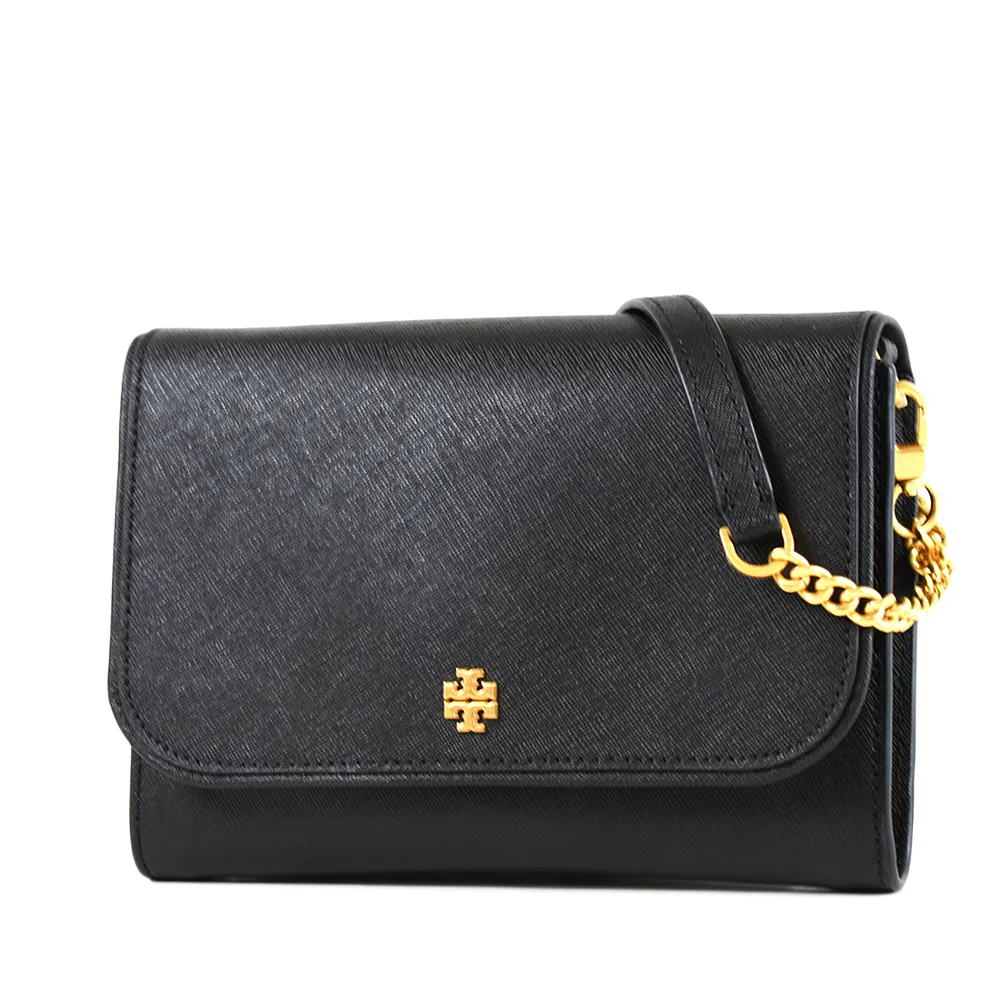 【TORY BURCH】防刮十字紋翻蓋鍊帶斜背WOC包-黑色