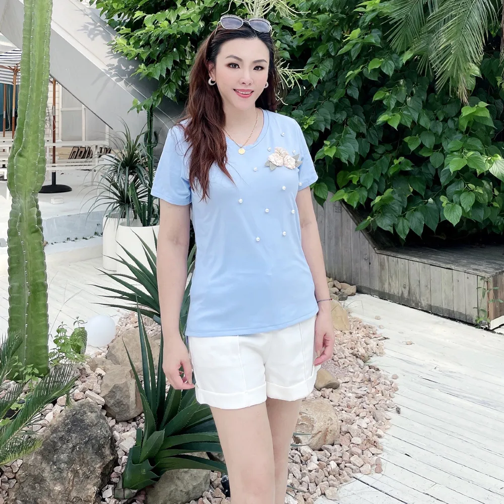 【my stere 我的時尚秘境】雙11 現貨商品-氣質藍紫手工珍珠玫瑰奧黛爾棉顯瘦上衣(時尚百搭 修身