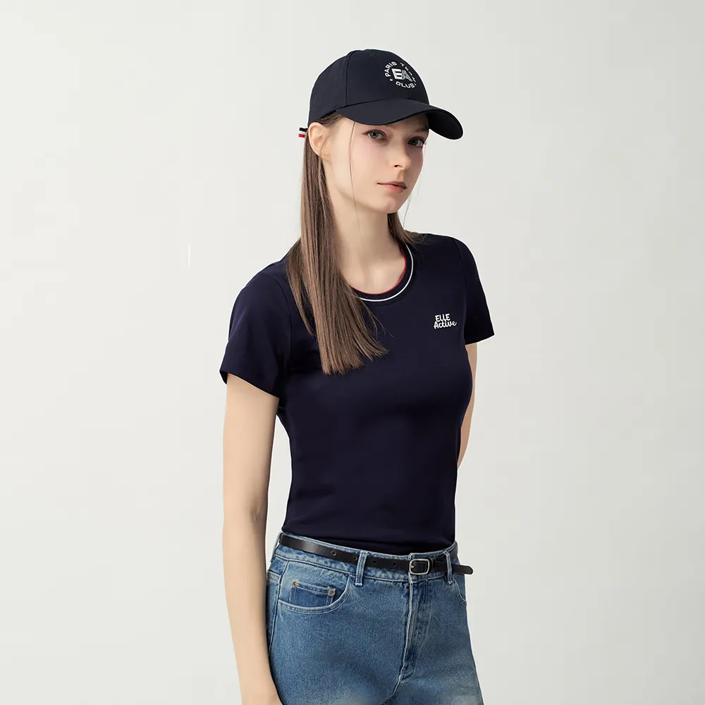 【ELLE ACTIVE】女款 胸前Logo修身圓領短袖T恤-深藍色(EA26S4W1601-39)