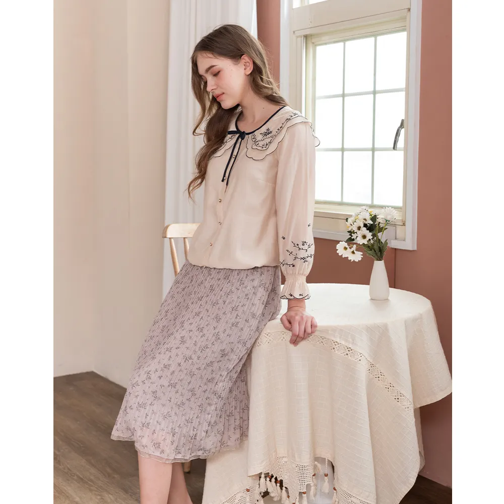 【perng yuh 芃諭名品】午後柔甜 印花雪紡 壓褶裙(附腰帶)(2024 AW Collection|3C秋冬新品上市)