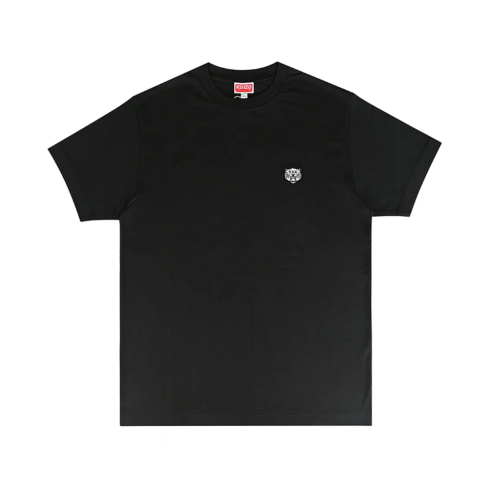 【KENZO】KENZO Happy Tiger藍色繡字LOGO針繡老虎頭布章純棉短袖T恤(男款/黑)