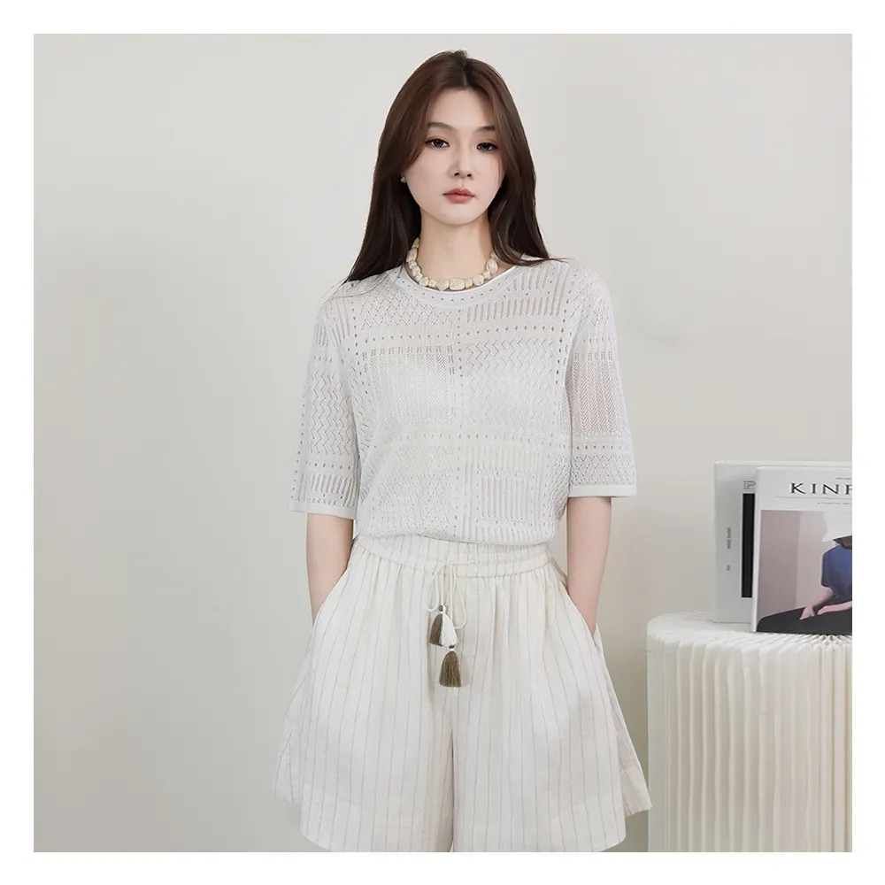 【JESSICA】法式慵懶鏤空顯瘦短袖針織衫J53504（白）