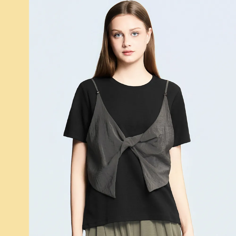 【Just Wear 佳葳】侘寂風扭結拼接上衣(女上衣/女上著/套裝/短袖/休閒/百搭/拼接)