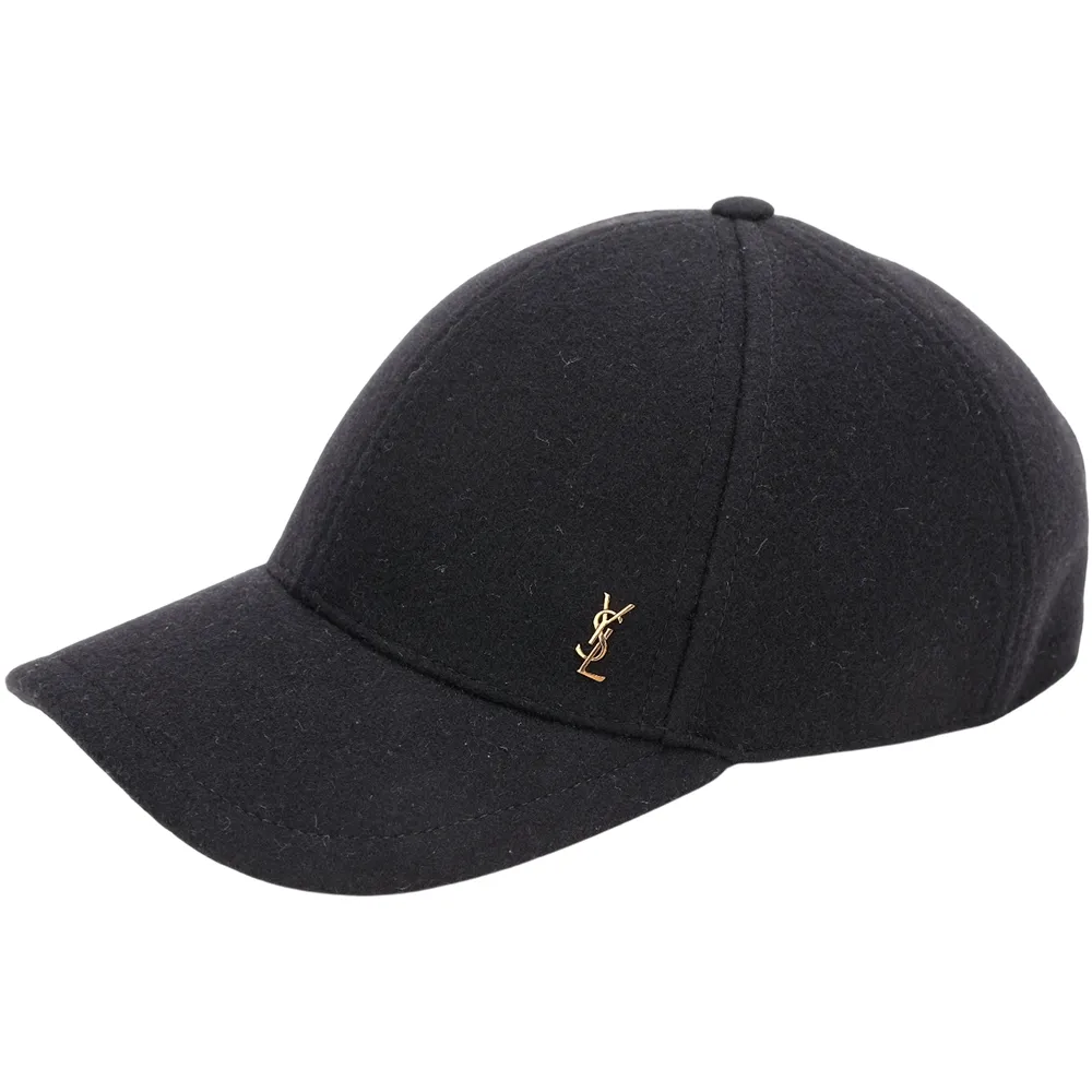 【YSL】Saint Laurent 聖羅蘭 羊毛氈混紡金字棒球帽(黑色)(遮陽帽 羊毛帽)