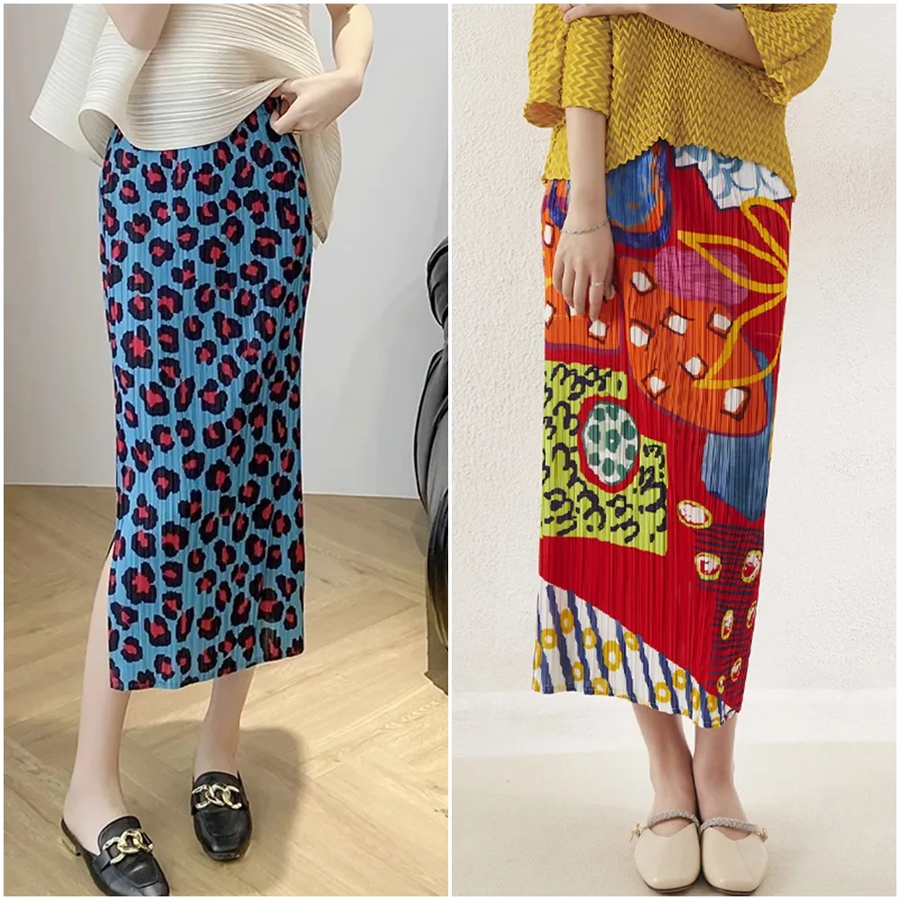 【米蘭精品】現貨出清 三宅風皺褶衣服百褶裙褶皺半身裙摺衣彈力長裙顯瘦折衣大碼(百搭印花直筒4色74fi29)