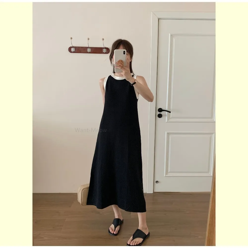 【Want-Meow】70公斤可穿/白邊寬肩帶針織長洋中大尺碼洋裝(大碼/大尺碼/加大碼/長洋裝)