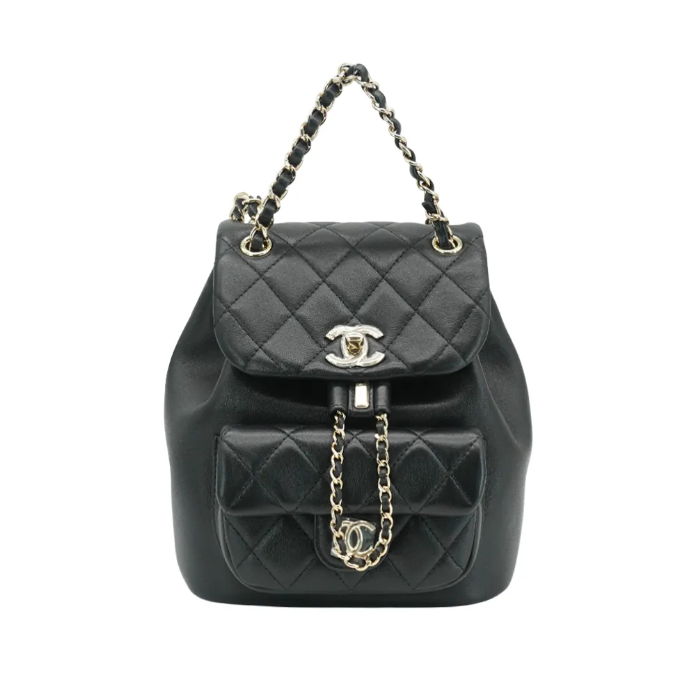 【CHANEL 香奈兒】展示品 Duma 菱格羊皮淡金釦後背包(AS2908-黑)