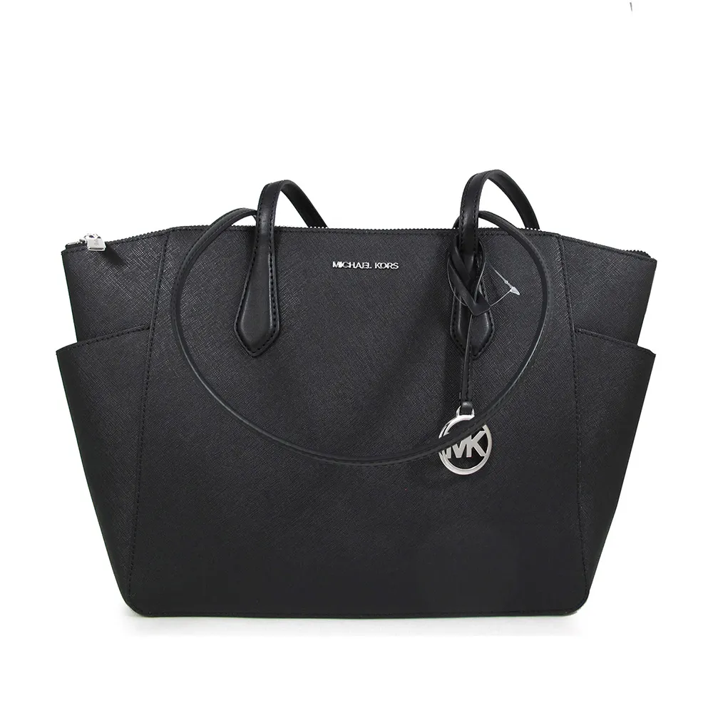 【Michael Kors】銀字LOGO防刮皮肩背托特包-黑