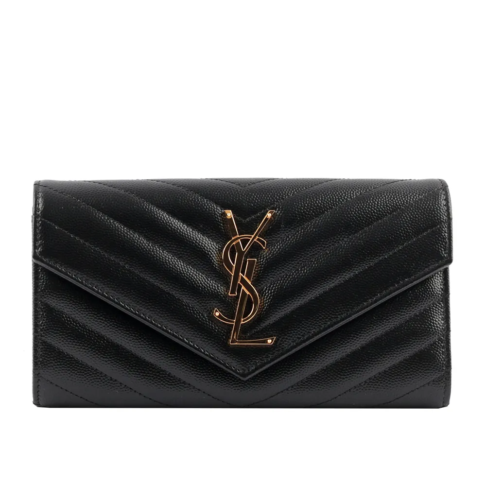 【YSL】山形紋荔枝皮金字logo釦式長夾(黑色)
